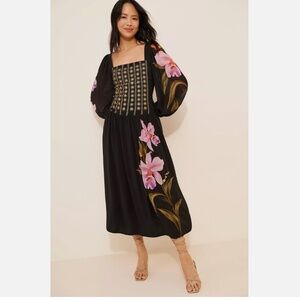 NEW ANTHROPOLOGIE FARM RIO FLORAL LONG SLEEVE MIDI DRESS